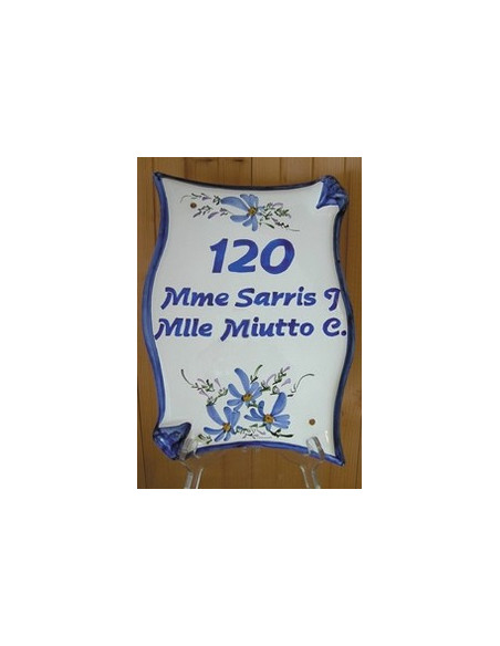 Plaque de maison parchemin en céramique verticale fleurs bleues