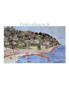 Fresque murale sur carrelage en faience décor artisanal motif promenade des pins penchés 60 x 100
