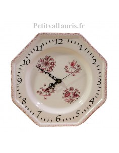 Horloge murale en faïence blanche modèle octogonale reproduction motifs vieux moustiers rose