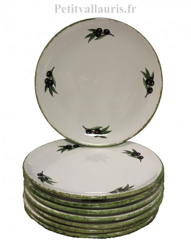 Assiette ronde plate en faience blanche bordure verte décor olives noires