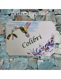 Grande plaque de villa en faience motif artisanal décor oiseau Colibri et fleurs bleues avec personnalisation