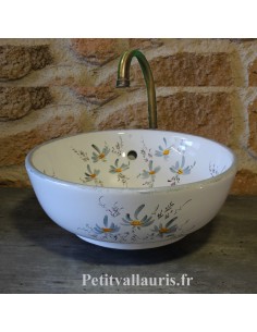 Vasque bol ronde à poser en porcelaine blanche décor artisanal fleurs grises