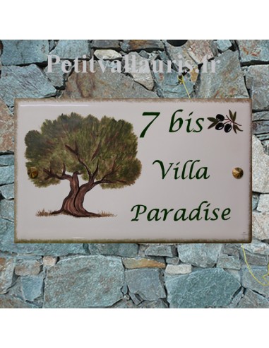 Plaque de Maison rectangle en céramique émaillée fond blanc décor artisanal motif l'olivier + inscription personnalisée