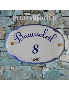Plaque pour maison modèle ovale en céramique décor petit brin d'olive bordure et personnalisation bleue