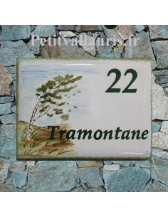 Plaque de maison en faïence émaillée motif artisanal vent la Tramontane+ inscription personnalisée
