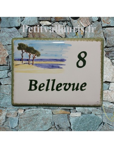 Plaque de maison en faïence émaillée motif artisanal pins et plage littoral atlantique + inscription personnalisée