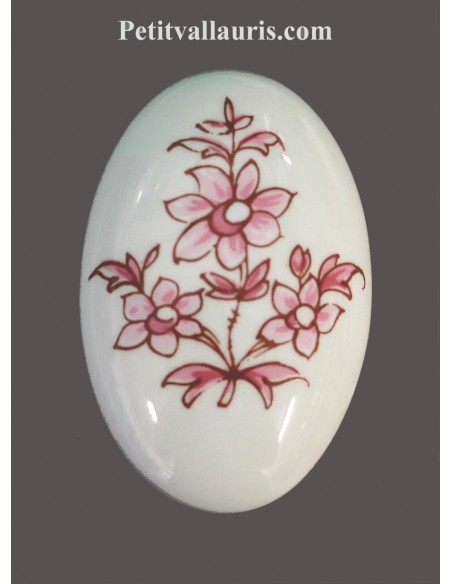 Bouton-poignée ovale en porcelaine pour fermeture de porte décor bouquet de fleurs camaïeux de rose