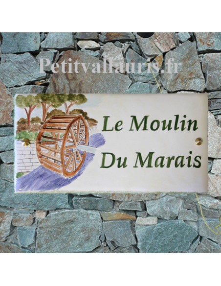 Grande plaque d'habitation en céramique émaillée décor artisanal roue moulin à eau + inscriptions personnalisée