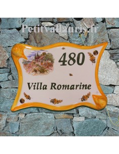 Plaque de villa en céramique modèle parchemin motif cabanon et mimosas + personnalisation