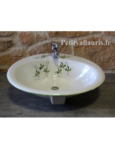 Vasque ovale en porcelaine blanche à encastrer motif artisanal décor fleurs vertes
