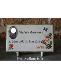 Grande plaque funéraire en céramique modèle rectangulaire à poser avec photo et bouquet champêtre + inscription personnalisée