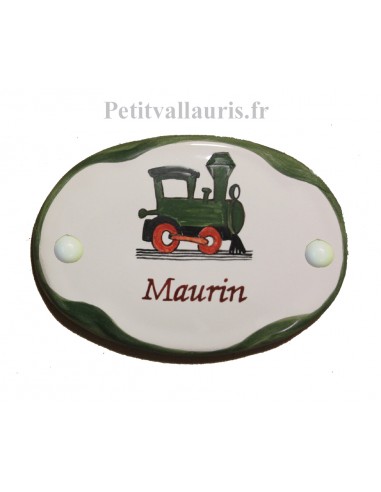 Plaque de porte en faience blanche modèle ovale motif artisanal dessin locomotive avec pilote + personnalisation