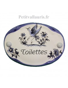 Plaque de porte modèle ovale décor tradition motifs bleus avec inscription Toilettes