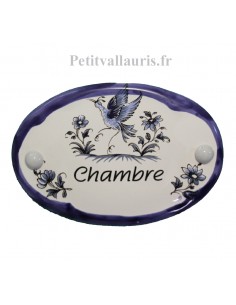 Plaque de porte modèle ovale décor tradition motifs bleus avec inscription Chambre