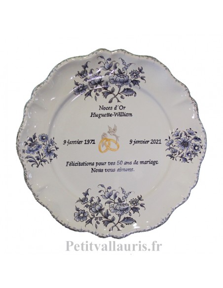 Assiette anniversaire de mariage pour noces d'or personnalisable modèle  Louis XV décor fleurs bleues