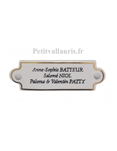 Plaque nominative de porte en faience blanche avec inscription personnalisée et filet or