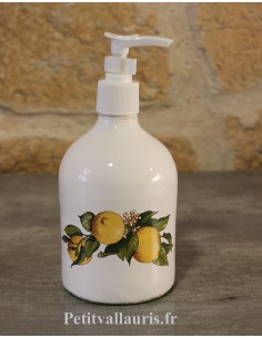 Distributeur de savon liquide en faience blanche décor citrons