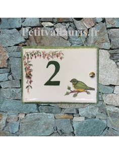 Plaque pour maison en céramique décor glycines et mésange + inscription personnalisée de couleur verte
