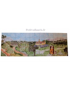 Fresque murale sur carrelage en faience décor artisanal motif berger dans paysage de Provence 50 x 140