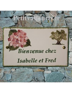 Plaque pour maison en faïence motif artisanal les hortensias et l'olivier + inscription personnalisée