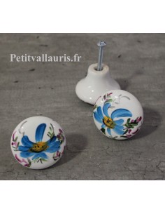 Bouton de tiroir en porcelaine blanche décor artisanal collection bleu Tahitien (diamètre 30 mm)