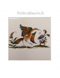 Décor sur carreau mural blanc 10 x 10 cm reproduction moustiers polychrome motif oiseau ref 2214