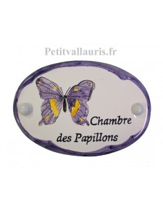 Plaque de porte en faience blanche modèle ovale motif artisanal le Papillon avec personnalisation