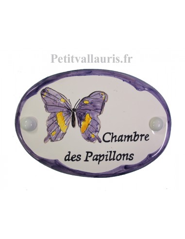 Plaque de porte en faience blanche modèle ovale motif artisanal le Papillon avec personnalisation