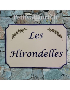 Grande plaque de maison en céramique modèle aux angles incurvés motif Brins d'olives+ inscription personnalisée bleue