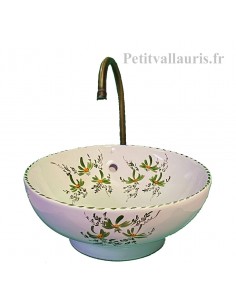 Vasque bol ronde à poser en porcelaine blanche décor artisanal fleurs vertes
