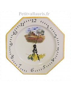 Horloge-Pendule murale en faïence blanche modèle octogonale collection provence décor champ coquelicots et bord jaune orangé