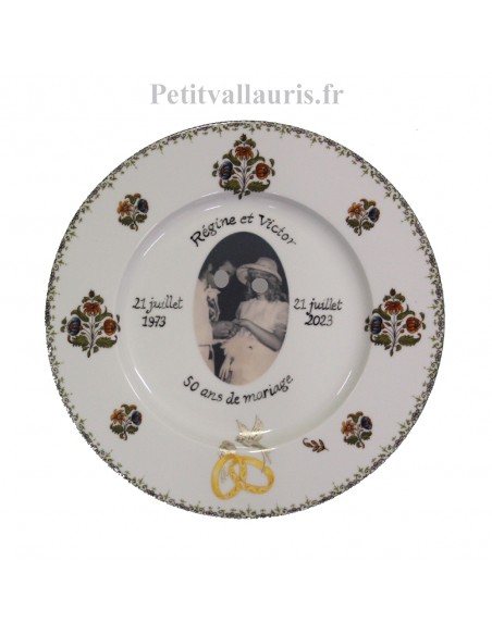 Assiette de Mariage en porcelaine avec photo et inscription personnalisée motif polychrome