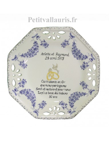 Assiette de Mariage modèle octogonale personnalisée poème noces d'or reproduction fleurs tradition bleues