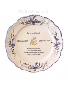 Assiette anniversaire de mariage pour noces d'orchidée personnalisable modèle Louis XV décor fleurs bleues