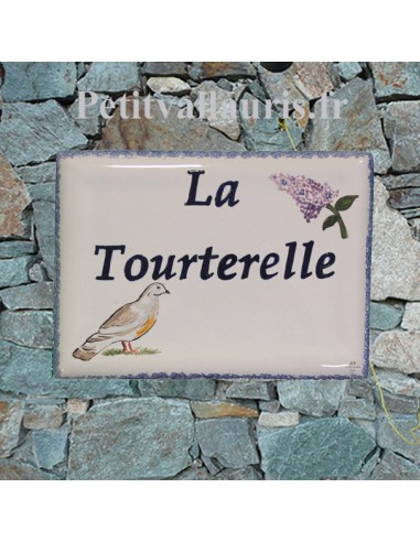 Plaque de maison céramique décor artisanal les lilas et la tourterelle + inscription personnalisée
