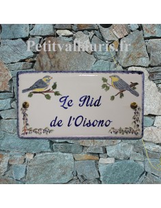 Plaque de Maison en céramique émaillée décor artisanal mésanges bleues et glycines + inscription personnalisée