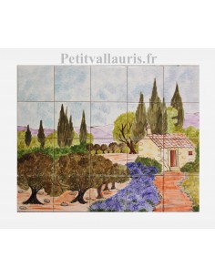Fresque murale sur carreaux de faïence décor artisanal modèle Cabanon et Campagne Provençale 40x50