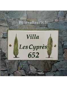Plaque de Maison rectangle en céramique émaillée décor artisanal motif les 2 cyprès + inscription personnalisée