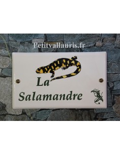 Plaque en céramique émaillée forme rectangle décor artisanal Salamandre jaune et noire + personnalisation