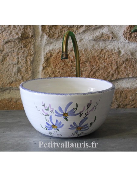 Mini Vasque bol ronde en faience blanche motif artisanal fleurs bleues