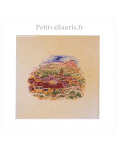 Décor sur carreau mural 15x15 cm en faience jaune-ocre motif village Provençal