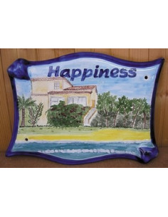 Plaque pour villa parchemin décor personnalisé Happiness bord de mer