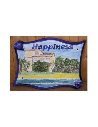 Plaque pour villa parchemin décor personnalisé Happiness bord de mer