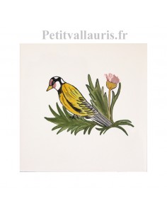 Carreau mural en faience blanche collection oiseaux avec motif artisanal Le Chardonneret
