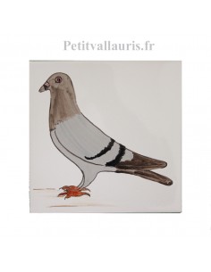 Carreau mural en faience blanche collection oiseaux avec motif artisanal Le Pigeon