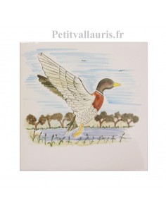 Carreau mural en faience blanche collection oiseaux avec motif artisanal Le Canard Col Vert