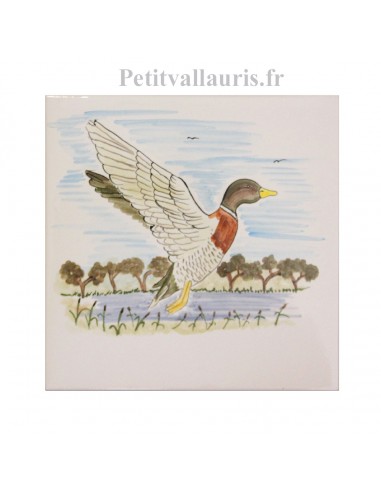 Carreau mural en faience blanche collection oiseaux avec motif artisanal Le Canard Col Vert