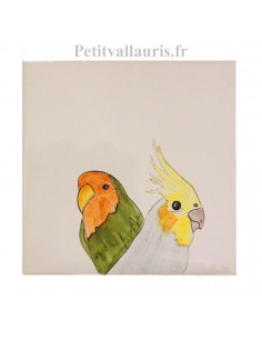 Carreau mural en faience blanche collection oiseaux avec motif artisanal Les inséparables