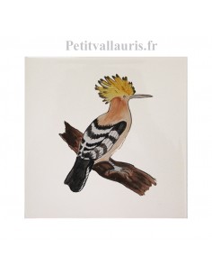 Carreau mural en faience blanche collection oiseaux avec motif artisanal Huppe Fasciée