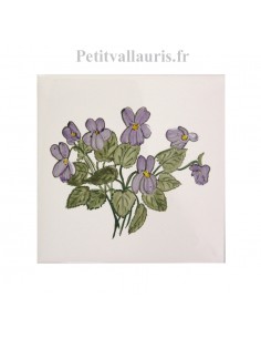 Carreau en faïence blanche décor artisanal fleurs les Violettes